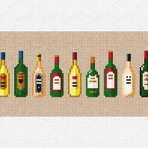 May include: A row of 16 glass bottles with various colored labels, including red, green, and yellow. The bottles are arranged in a line on a beige background.