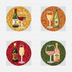 May include: Four circular designs featuring a bottle of wine and a glass of wine. Each design has a different color background and pattern. The first design has a yellow background with a red wine bottle and a red wine glass. The second design has an orange background with a white wine bottle and a white wine glass. The third design has a red background with a champagne bottle and a champagne glass. The fourth design has a green background with a rose wine bottle and a rose wine glass.