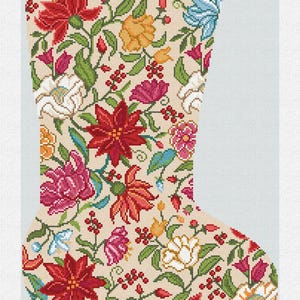 May include: A Christmas stocking with a floral design. The stocking is beige with a pattern of red, pink, yellow, and white flowers, green leaves, and red berries. The name "Loretta" is embroidered at the top.