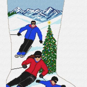 May include: A Christmas stocking with the name "ROBERT" in green. The stocking depicts a winter scene with skiers and a decorated Christmas tree. The skiers wear blue and red jackets, black trousers, and ski goggles.