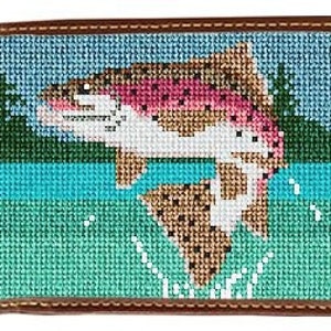 Cartera de punto de aguja terminada con paisaje de pesca con mosca