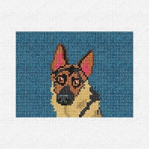 May include: A brown and black German Shepherd dog with pink ears and brown eyes wearing glasses. The dog is looking directly at the viewer. The background is a solid blue.