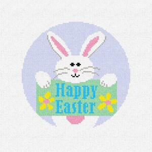 May include: A white bunny rabbit holding a green sign with the text "Happy Easter" in blue letters. The sign has yellow flowers on each side.