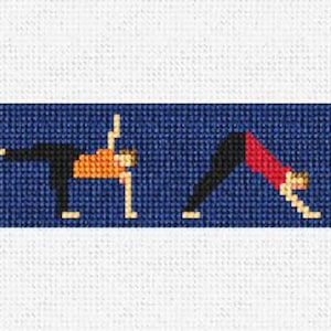 May include: Five figures in different yoga poses on a dark blue background. The figures are in various colors, including green, orange, red, and blue.