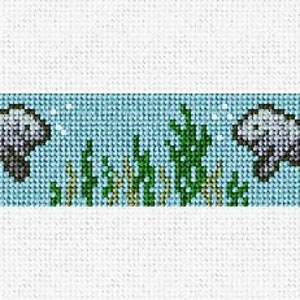 May include: A cross-stitch pattern featuring two grey manatees swimming in a blue body of water with green seaweed.