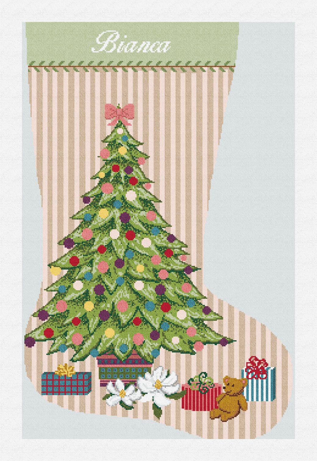 A needlepoint stocking kit called Merry Christmas Trees. The