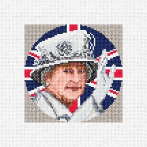 May include: A portrait of the Queen of England wearing a white hat with a crown and a white coat, waving with her right hand. The background is a circle with a red, white, and blue Union Jack flag design.