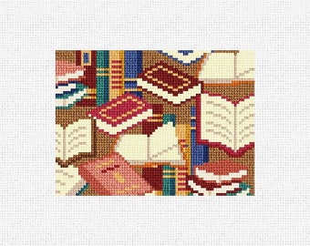 May include: A colorful cross-stitch pattern featuring a variety of books and journals in various colors and patterns. The books are arranged in a random pattern, with some open and some closed. The background is a brown fabric.