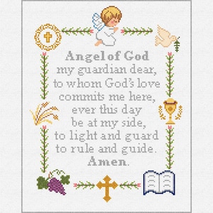 May include: A white cross with a gold outline and a white dove with a green olive branch in its beak are surrounded by green vines with white flowers. The text reads "Angel of God my guardian dear, to whom God's love commits me here, ever this day be at my side, to light and guard to rule and guide. Amen."