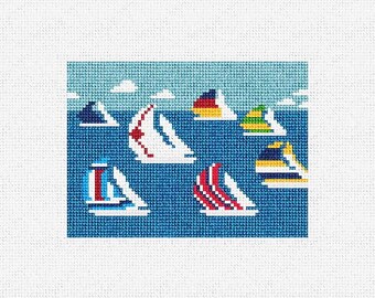 May include: A blue and white sailboat with red and white stripes, a yellow and green sailboat, and a red, white, and blue sailboat on a blue background.