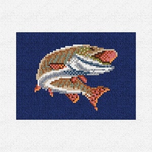 May include: A cross-stitch pattern of a brown and orange fish with white and blue markings on a dark blue background.