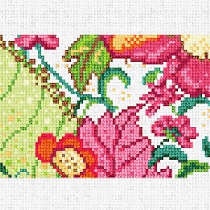 May include: A colorful floral pattern with pink, red, green, and yellow flowers and leaves. The pattern is on a white background.