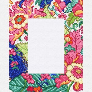 May include: A rectangular needlepoint frame with a vibrant floral design. The frame features a white center and is bordered by a colorful array of flowers and leaves in shades of pink, orange, yellow, green, and blue.