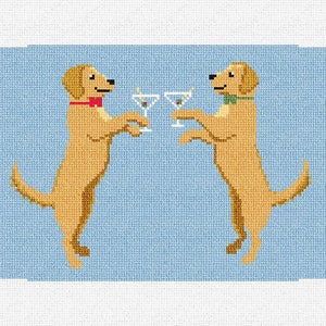 May include: Two golden dogs wearing red bow ties are standing on their hind legs and holding up martini glasses. The dogs are on a light blue background.