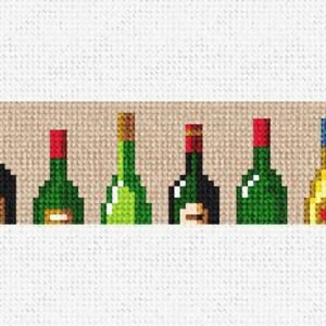 May include: A cross-stitch design featuring a row of wine bottles with varying colors and designs. The bottles have red, green, and gold accents, with a neutral background. The bottles are arranged in a horizontal line.