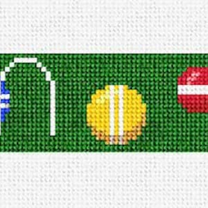 Könnte beinhalten: Ein grünes Feld mit einem weißen Torbogen, einem roten Ball, einem blauen Ball, einem gelben Ball, einem weißen Cricketball und einem weißen Cricketschläger.