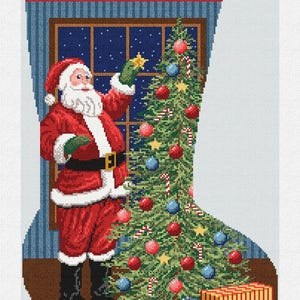 May include: Christmas stocking featuring Santa Claus decorating a Christmas tree. The stocking is shaped like a boot and has the name "Christopher" at the top. The tree is decorated with ornaments and candy canes, and gifts are at the base.
