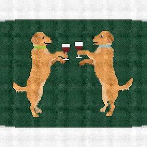 May include: Two golden retrievers wearing collars are standing on their hind legs and holding up glasses of red wine. The dogs are facing each other and are on a green background.