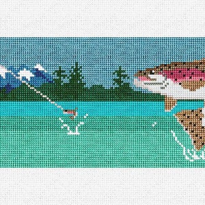 Kit de bricolaje para billetera con bordado de paisaje de pesca con mosca