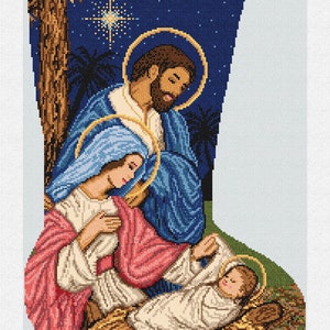 May include: Needlepoint Christmas stocking featuring a Nativity scene. The design includes Mary, Joseph, and baby Jesus, with a star in the night sky. The name "JUDITH" is at the top in red.