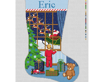 Santa Sighting Blue Stocking Needlepoint DIY Kit