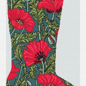May include: Needlepoint Christmas stocking with a floral poppy design. The stocking features a teal background with red poppies and green leaves. The word "POPPIE" is stitched across the top in white.