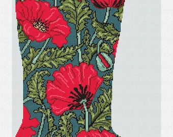 May include: Needlepoint Christmas stocking with a floral poppy design. The stocking features a teal background with red poppies and green leaves. The word "POPPIE" is stitched across the top in white.