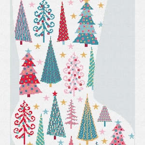 May include: A white Christmas stocking with a variety of colorful Christmas trees and stars. The name "Courtney" is written in pink script at the top. The trees are in shades of red, blue, pink, and green.