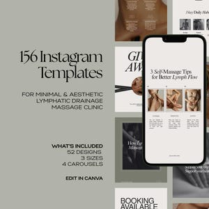 Könnte beinhalten: Werbebild für Instagram-Vorlagen. Das Bild zeigt ein Smartphone, das eine Vorlage mit Selbstmassagetipps anzeigt. Um das Telefon herum befinden sich verschiedene Vorlagen mit Text wie "156 Instagram-Vorlagen" und "Lymphdrainage-Massage-Klinik".