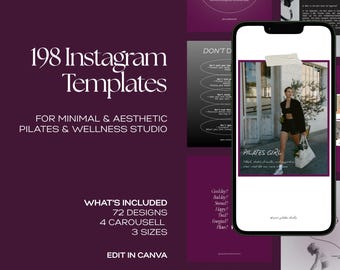 Plantillas de Instagram para estudios de Pilates / Granate y gris, publicaciones editables (Canva)