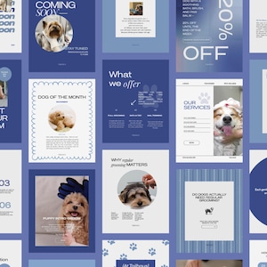Puede incluir: Una colección de gráficos promocionales sobre un fondo azul para un servicio de peluquería canina. Los gráficos incluyen imágenes de perros, texto como "Coming Soon", "Dog of the Month" y ofertas de servicios, y una lista de precios.
