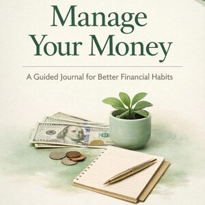 Può includere: Un diario intitolato "Manage Your Money" con testo e una pianta in un piccolo vaso, valuta statunitense, monete e una penna su un blocco note. Il sottotitolo del diario recita "A Guided Journal for Better Financial Habits."