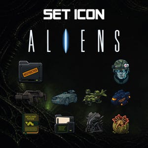Op de afbeelding: Een verzameling gestileerde pictogrammen uit de film "Aliens" op een donkergroene achtergrond. De pictogrammen bevatten een soldatenhoofd, een wapen, voertuigen, een kist met de tekst "Restricted" en het Alien-wezen.
