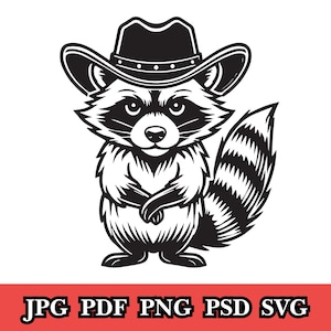 Puede incluir: Ilustración en blanco y negro de un mapache con sombrero de vaquero. El mapache tiene una cola a rayas y las patas cruzadas. La imagen incluye el texto "JPG PDF PNG PSD SVG" en una pancarta roja.