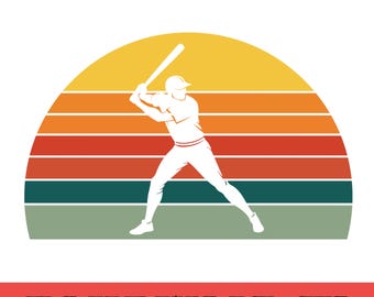 SVG rétro de joueur de baseball au coucher du soleil, illustration sportive vintage (téléchargement numérique)