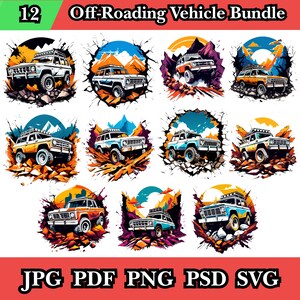 Op de afbeelding: Een bundel van 12 illustraties van offroad-voertuigen in verschillende kleuren, waaronder wit, oranje en blauw. Elk voertuig wordt weergegeven in een dynamisch, gestileerd ontwerp met een robuust, avontuurlijk thema. Bestandsformaten zijn JPG, PDF, PNG, PSD en SVG.