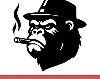 Gorilla met hoed en rokende clipart, coole gorilla-afbeelding, rokende aapillustratie, retro dierenkunst, vectorontwerp, digitale download