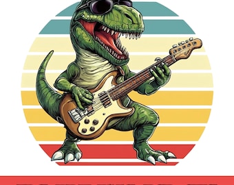 T-Rex dinosaure avec lunettes de soleil jouant de la guitare, illustration rétro de dinosaure au coucher du soleil, téléchargement numérique