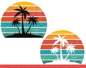 Clipart de coucher de soleil rétro sur la plage avec palmiers, coucher de soleil rétro SVG, plage avec coucher de soleil SVG