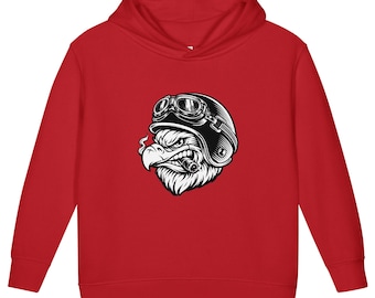 Sudadera con capucha de forro polar para niños pequeños con estampado digital de un águila motera fumando un puro, impresión bajo demanda.
