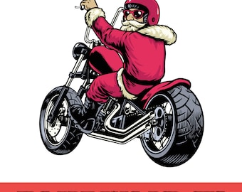 Clipart moto du père Noël, illustration de motard drôle, graphique de Noël (téléchargement numérique)