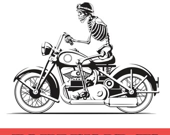 スケルトンバイカーバイクベクター、スカルライダークリップアート、ゴシックバイクデザイン、バイカースカルグラフィック、バイクスカルSVG、デジタルダウンロード