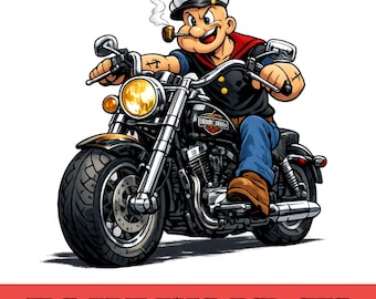 Popeye Biker Motorcycle Graphic, Retro Cartoon Clipart (Digital Download)