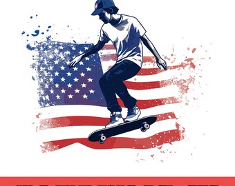 Skateboarder mit amerikanischer Flagge, USA-Skateboard-Silhouette, patriotische Skater-Cliparts, Skateboard-Grafik zum 4. Juli