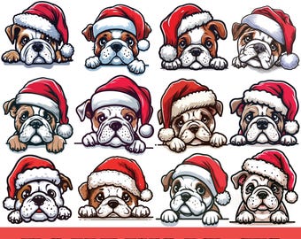 Peeking Bulldog Clipart Bundle, Christmas Dog Graphics, Pet Lover Digital Download