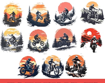Motocross Retro Sunset Dirtbike Racing Silhouettes Clipart (SVG PNG)