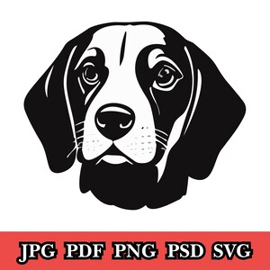 Puede incluir: Gráfico en blanco y negro de la cara de un perro, que representa un sabueso. El perro tiene orejas y marcas faciales negras, con la cara y el pecho blancos. La parte inferior de la imagen muestra el texto "JPG PDF PNG PSD SVG" en blanco sobre un fondo rojo.