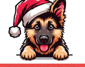 Deutscher Schäferhund weihnachtlich hervorlugend PNG, Weihnachtshund-Clipart, Deutscher Schäferhund mit Weihnachtsmütze, digitaler Download
