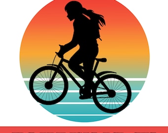 Fille à vélo, coucher de soleil rétro, illustration vectorielle de vélo, cycliste PNG vélo, plan de vélo, femme à vélo, illustration de vélo