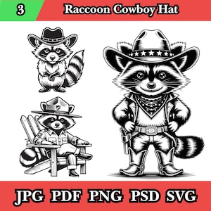 Puede incluir: Ilustraciones en blanco y negro de mapaches con sombreros de vaquero y de guardabosques. Un mapache está sentado en una silla de madera. El texto "Raccoon Cowboy Hat" está en la parte superior. Tipos de archivo: JPG, PDF, PNG, PSD y SVG.